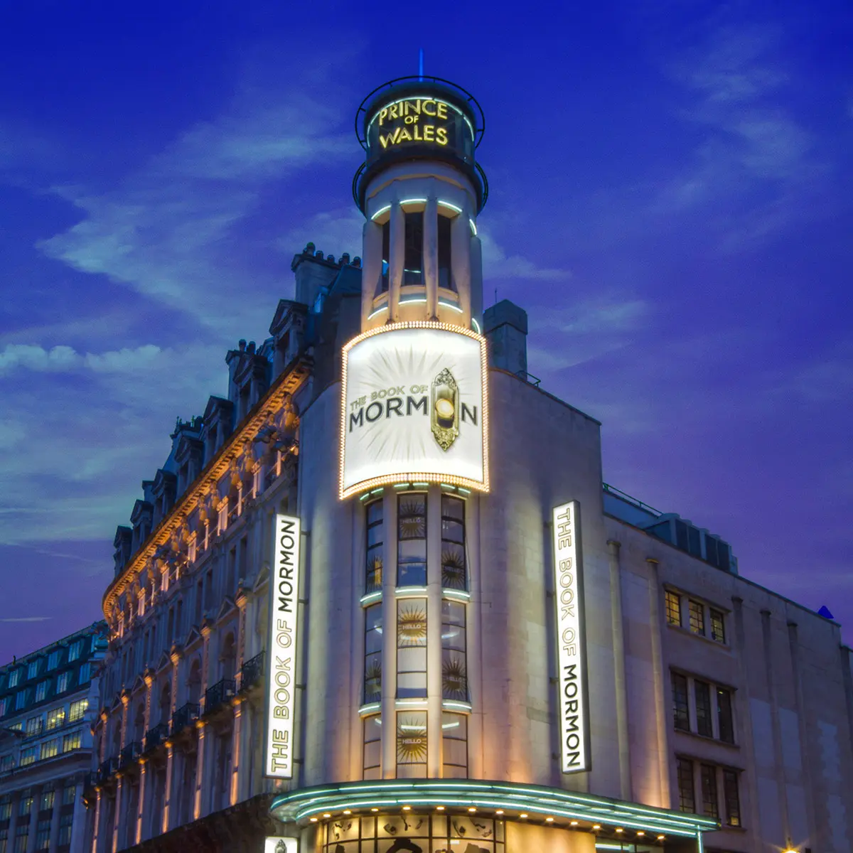 Prince of Wales Theatre external with lights on